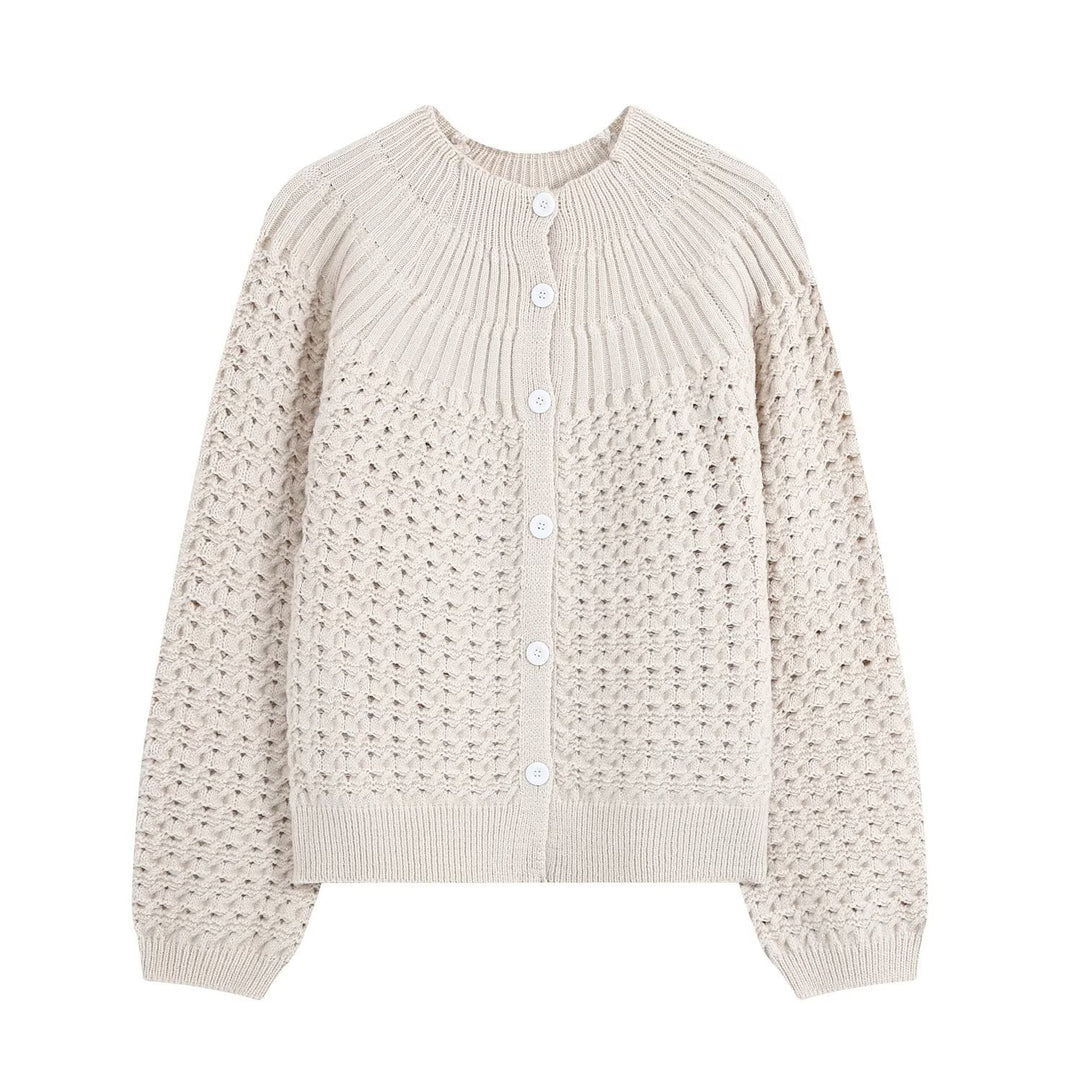 Women's structured cardigan with round yoke, textured stitch pattern and button placket Mune Fashion
