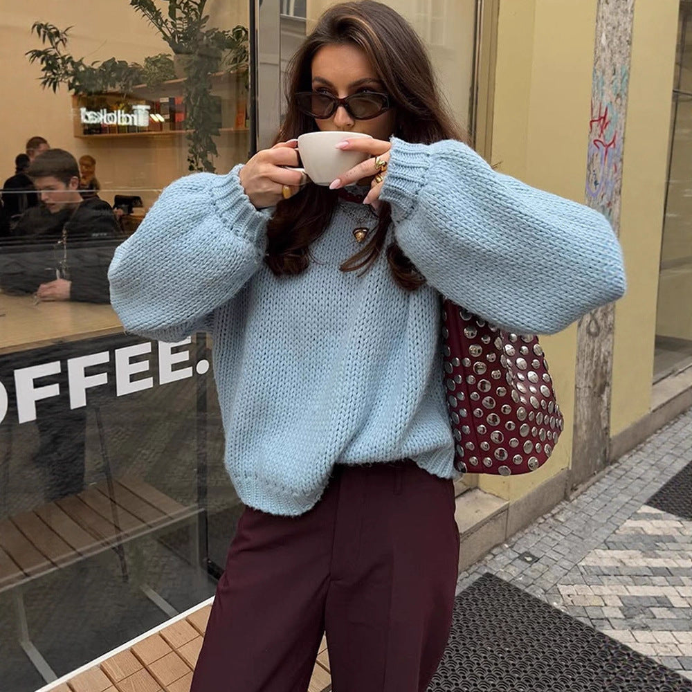 Women Oversize Chunky Knit Sweater with Balloon Sleeves and Wide Ribbed Collar Mune Fashion