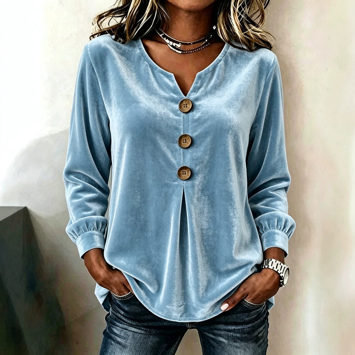 Women's Velvet Tunic with Decorative Buttons and Gathered Sleeve Cuffs Mune Fashion