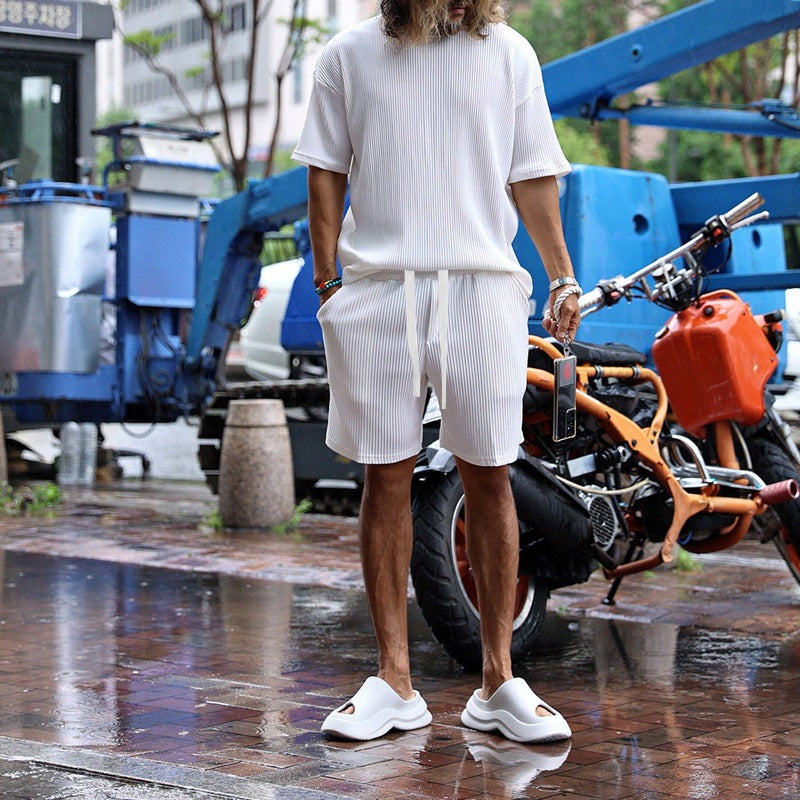 Men's casual waffle jersey set with loose top and drawstring shorts Mune Fashion
