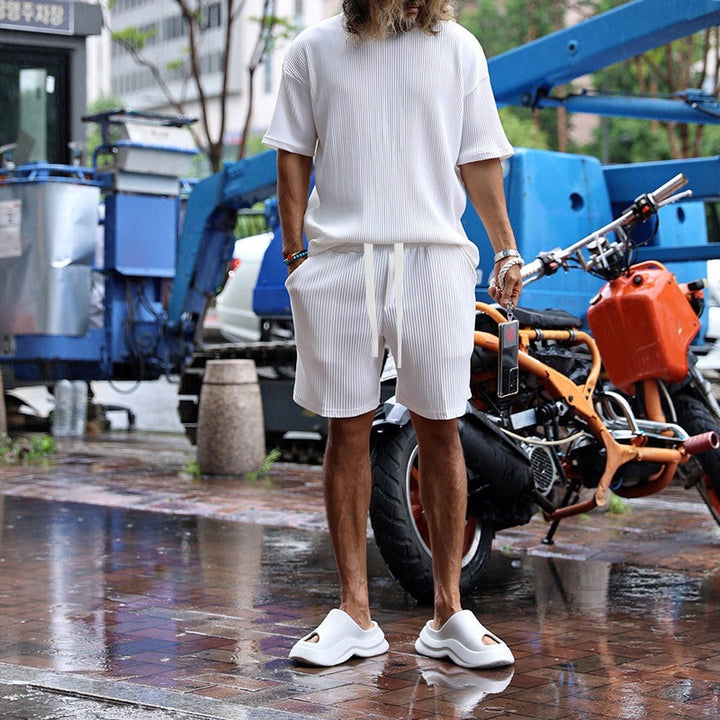 Men's casual waffle jersey set with loose top and drawstring shorts Mune Fashion