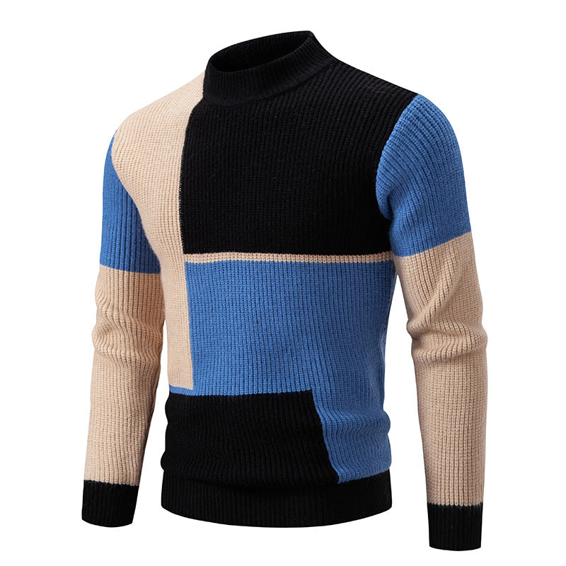 Men's chunky knit sweater with stand-up collar and contrasting block stripe pattern Mune Fashion
