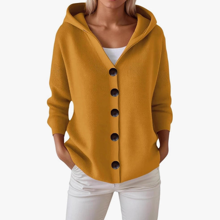 Women's hooded cardigan with large wooden buttons and side pockets Mune Fashion