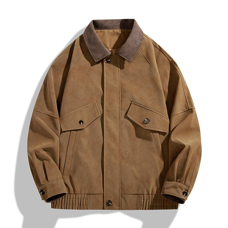 Men's Boxy-Utility Jacket in Velvet Look with Contrast Collar, Flap Pockets & Elastic Hem Mune Fashion