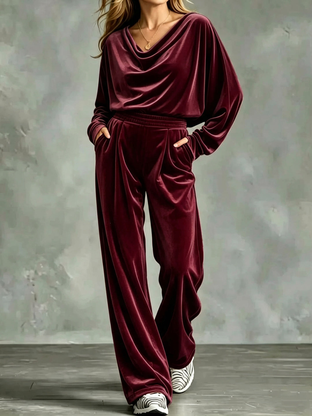 Women's Velvet Loungewear Set with Waterfall Collar, Wide Palazzo Cut and Insert Pockets Mune Fashion