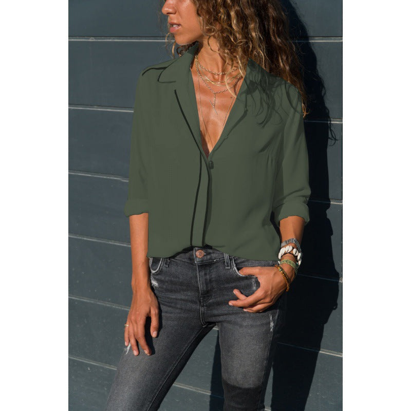 Women Elegant Blouse with Contrast Piping, V-Neck and Roll-Up Sleeves Mune Fashion
