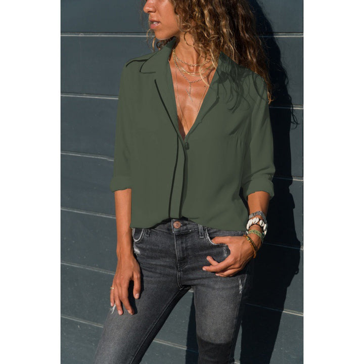 Women Elegant Blouse with Contrast Piping, V-Neck and Roll-Up Sleeves Mune Fashion