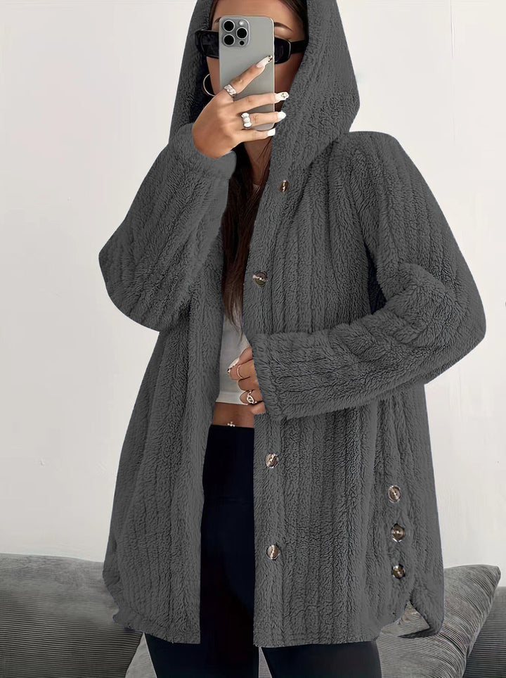 Women's Hooded Teddy Coat with Button Placket and Oversized Fit Mune Fashion