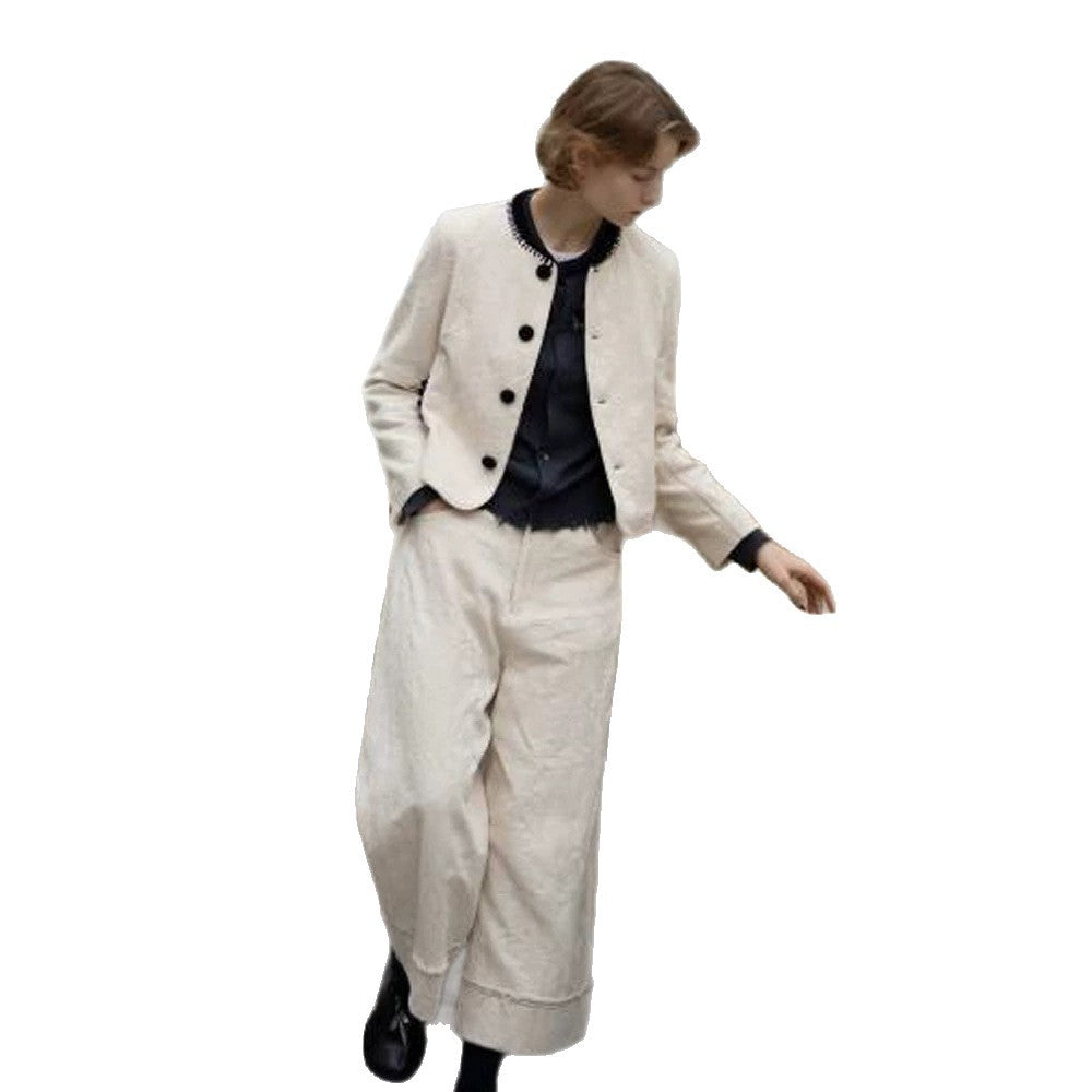 Women's Two-Piece Boucle Set with Short Jacket, Contrasted Round Neckline and Wide Culotte Pants Leg Mune Fashion