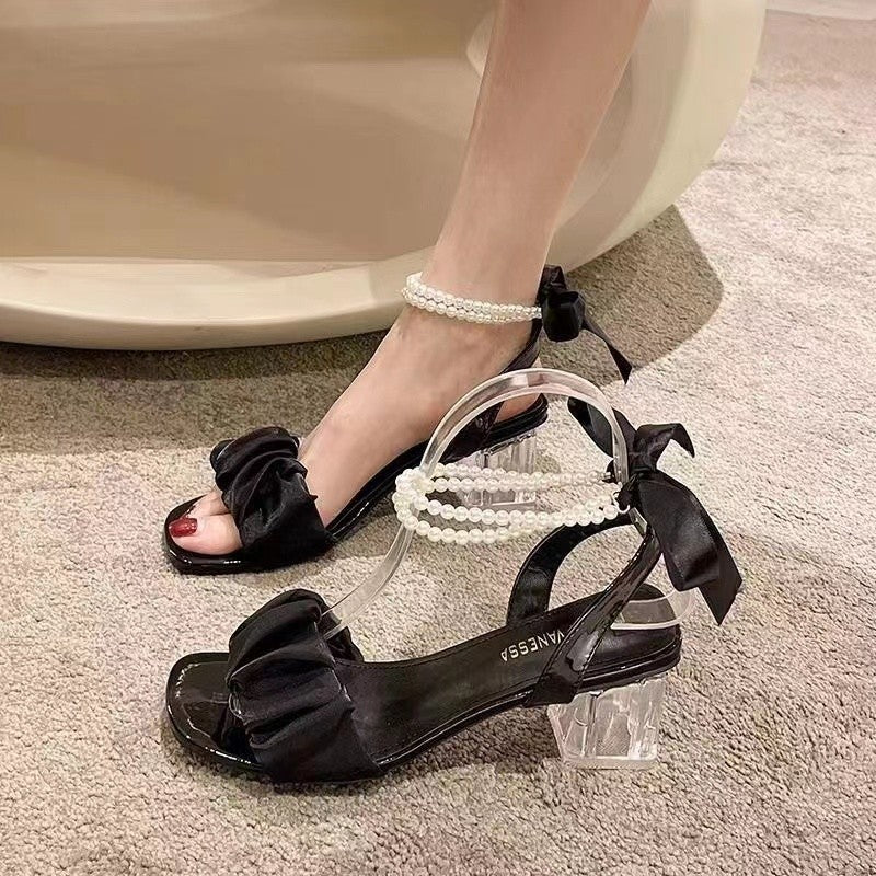 Women Open Strap Sandals with Pearl Accents, Ruffle Front and Transparent Block Heel Mune Fashion