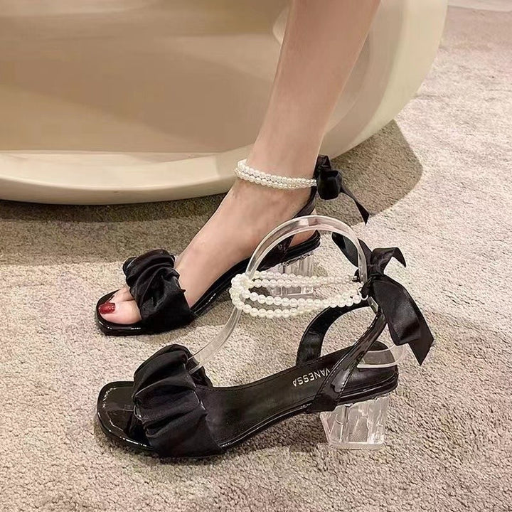 Women Open Strap Sandals with Pearl Accents, Ruffle Front and Transparent Block Heel Mune Fashion