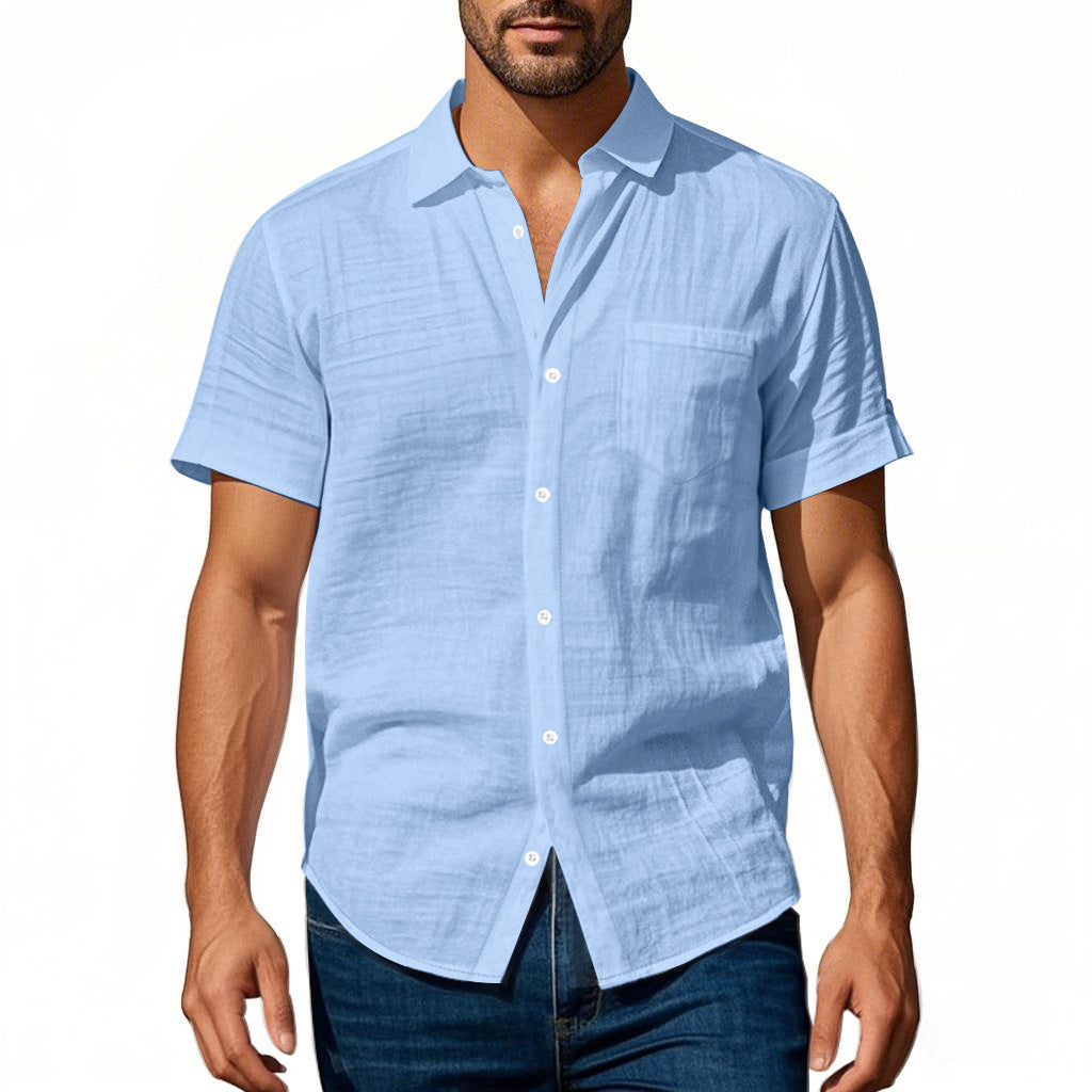 Men's short-sleeved casual shirt made of linen blend with chest pocket and rounded hem Mune Fashion