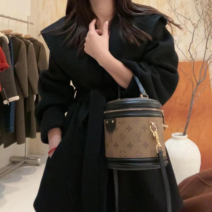 Women's Short Wool Coat with Waist Belt and Oversized Sleeves Mune Fashion