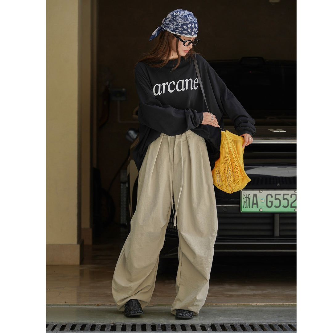 Women's Voluminous Palazzo Baggy Pants with Drawstring Waist and Draped Pleats Mune Fashion