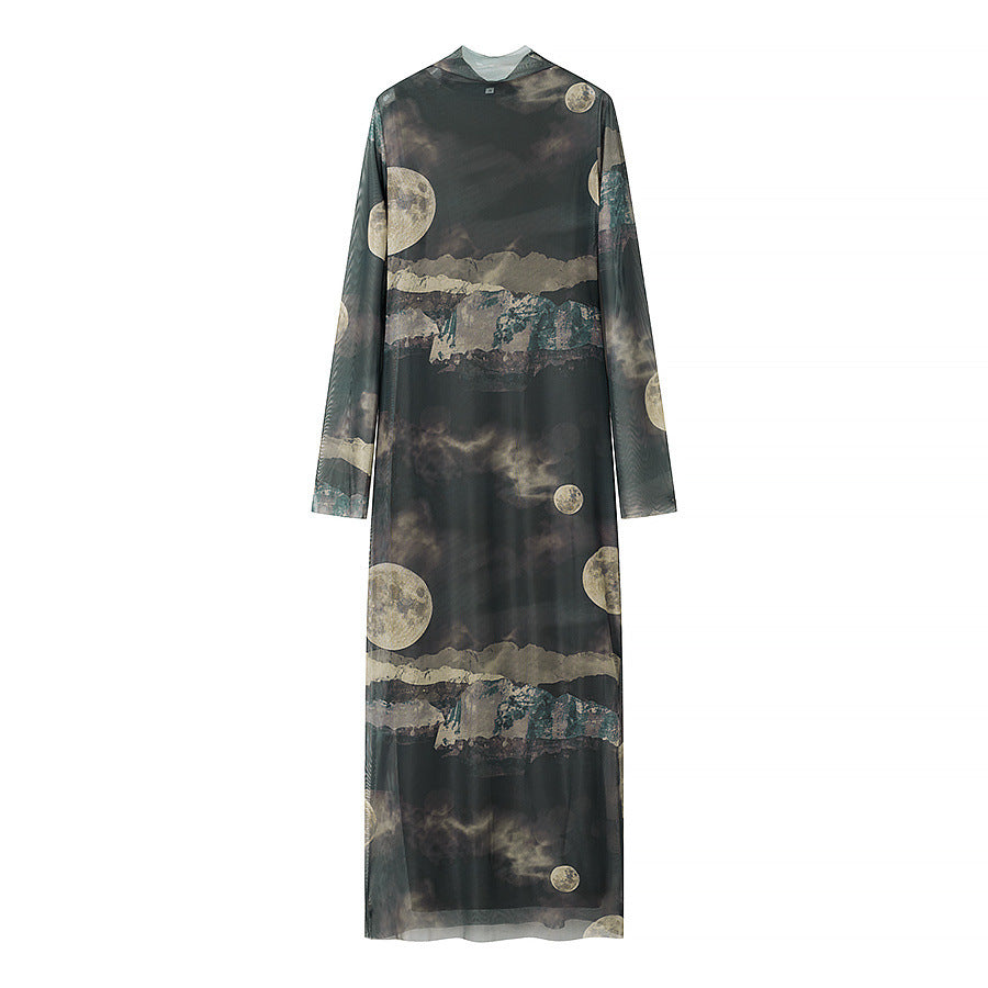 Women's long sleeve mesh maxi dress with high round neckline and mystical moon print Mune Fashion