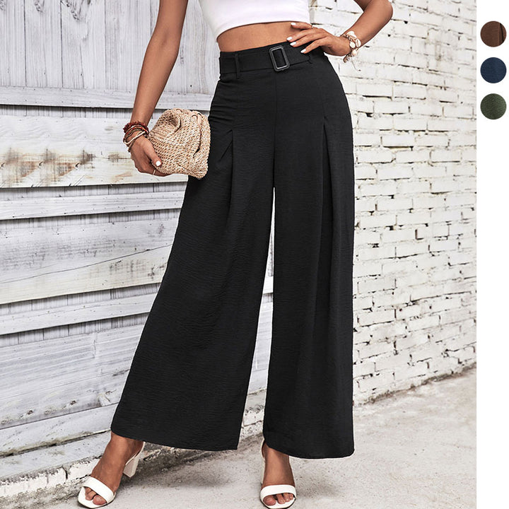 Women Elegant Culotte Pants with High Waist, Pleats and Decorative Loop Belt Mune Fashion