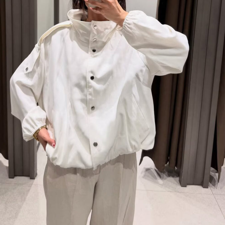 Women's Cropped Boxy Canvas Jacket with Funnel Neck, Snap Button Closure, and Shoulder Patches Mune Fashion