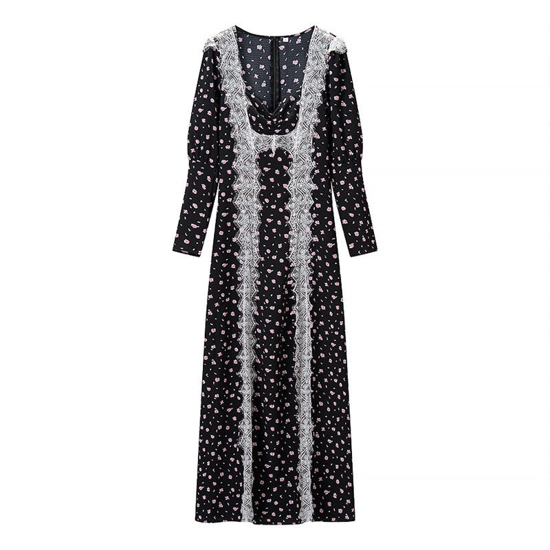 Women's Long Sleeve Maxi Dress with Lace Trimmings, Deep V-Neck and Floral All-Over Print Mune Fashion