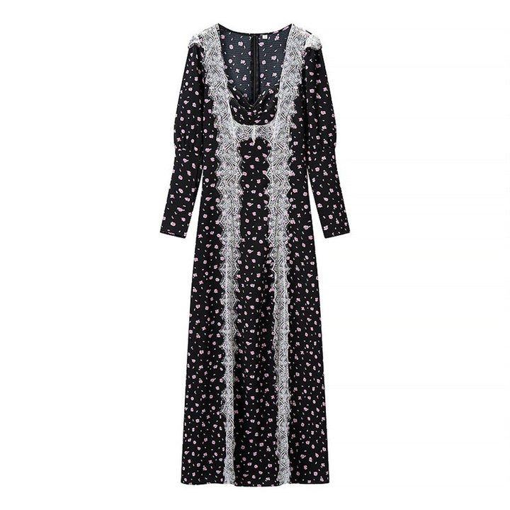 Women's Long Sleeve Maxi Dress with Lace Trimmings, Deep V-Neck and Floral All-Over Print Mune Fashion