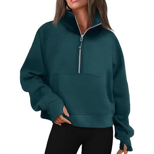 Ladies oversized short pullover with stand-up collar, half zipper and kangaroo pocket Mune Fashion
