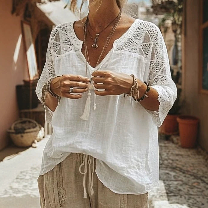 Women's locker-cut tunic with V-neck, crocheted yoke and elbow-length lace sleeves Mune Fashion