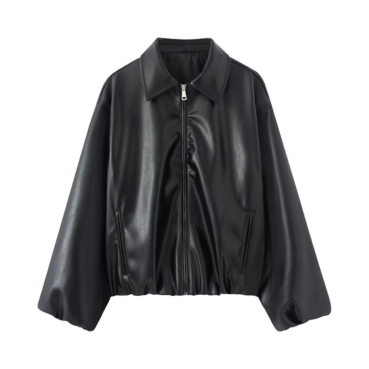 Women Oversize Faux Leather Blouson with Zipper and Elastic Hem Mune Fashion