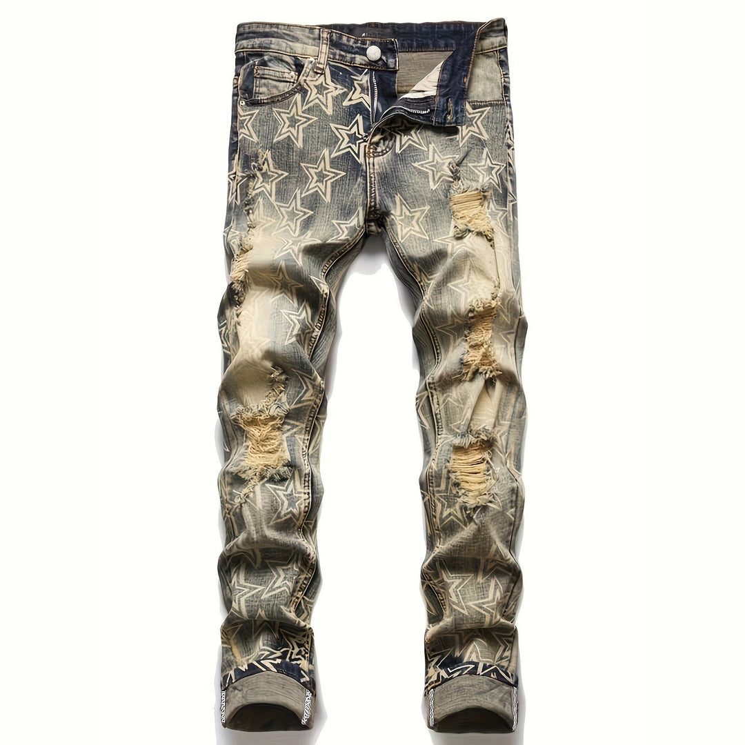 Men's Ripped Denim Jeans with Star Print Mune Fashion