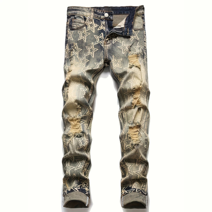 Men's Ripped Denim Jeans with Star Print Mune Fashion