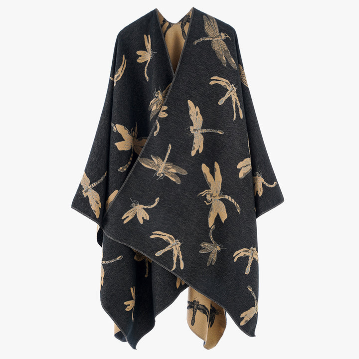 Ladies Reversible Jacquard Poncho with Dragonfly Pattern Mune Fashion