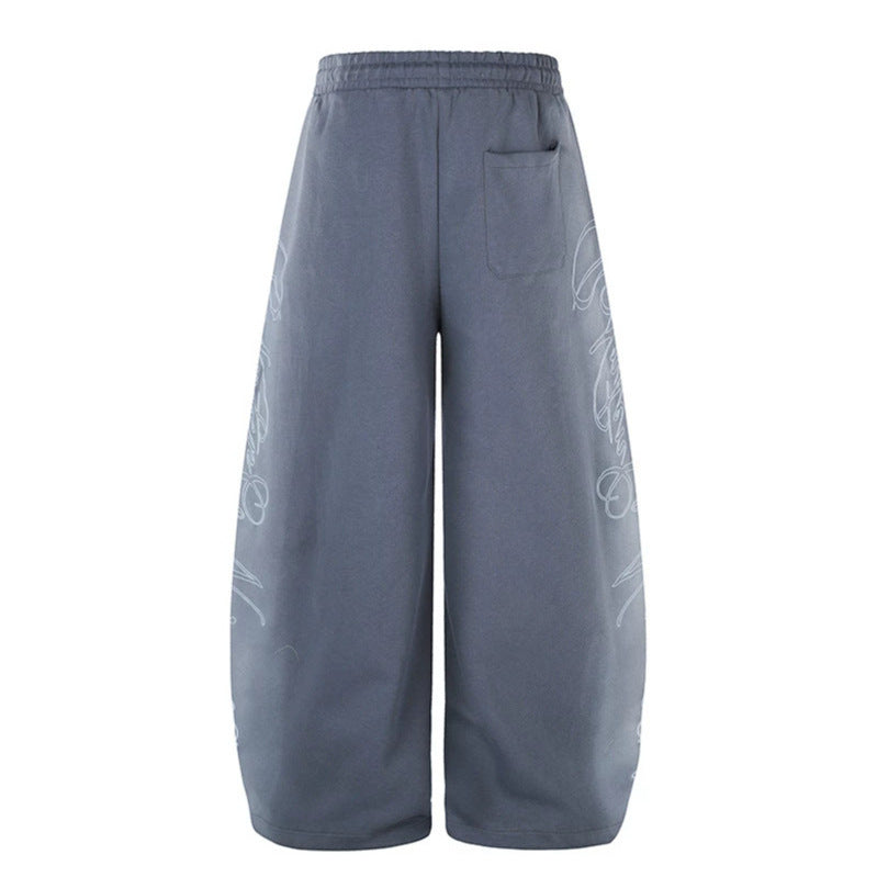 Women's Extra Wide Palazzo Sweatpants with Drawstring Waistband, Adjustable Hem, and Side Script Print Mune Fashion