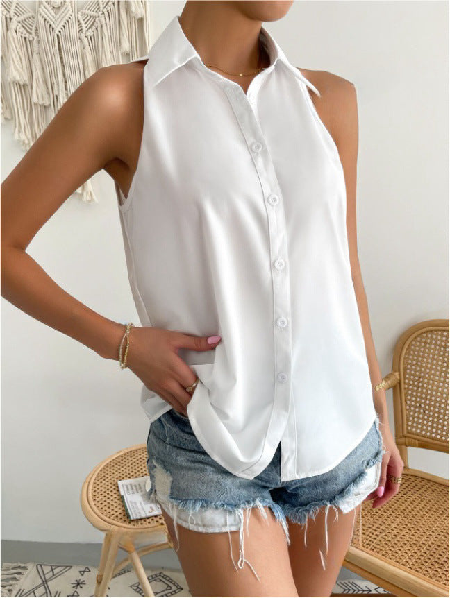 Women's Sleeveless Shirt with Classic Collar and Chic Cut Mune Fashion