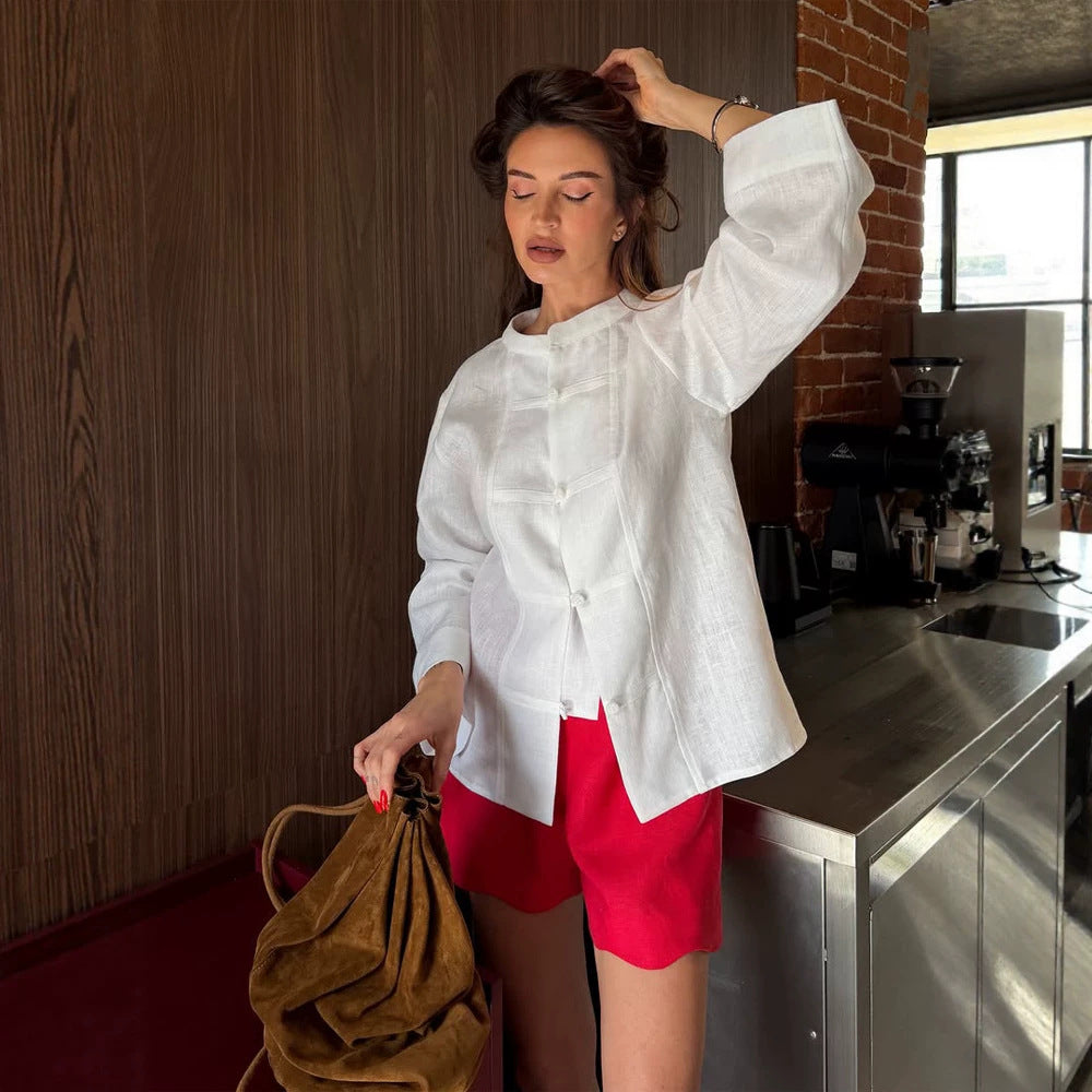 Women Oversized Linen Blouse with Mandarin Collar, Concealed Button Placket and Three-Quarter Sleeves Mune Fashion