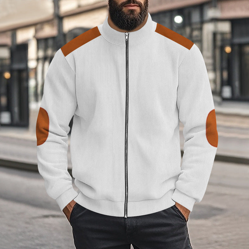 Men's nan cord jacket with zipper stand-up collar and elbow patches Mune Fashion