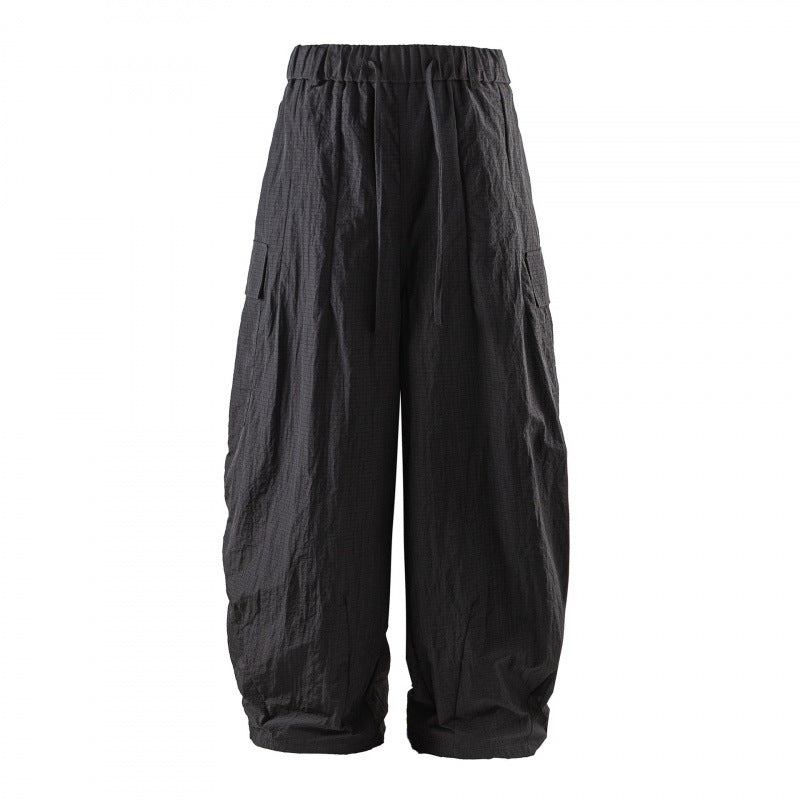 Unisex Wide Cropped Cargo Pants with Elastic Waistband, Drawstring and Overlay Pockets Mune Fashion