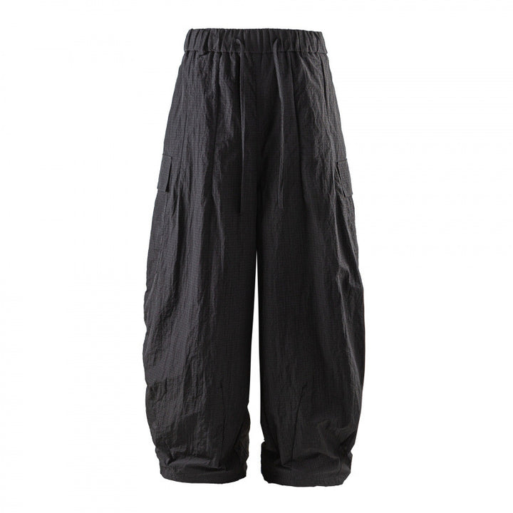 Unisex Wide Cropped Cargo Pants with Elastic Waistband, Drawstring and Overlay Pockets Mune Fashion