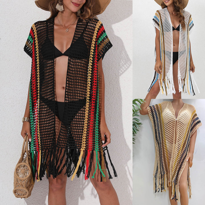 Women airy crochet beach cover-up with fringes Mune Fashion