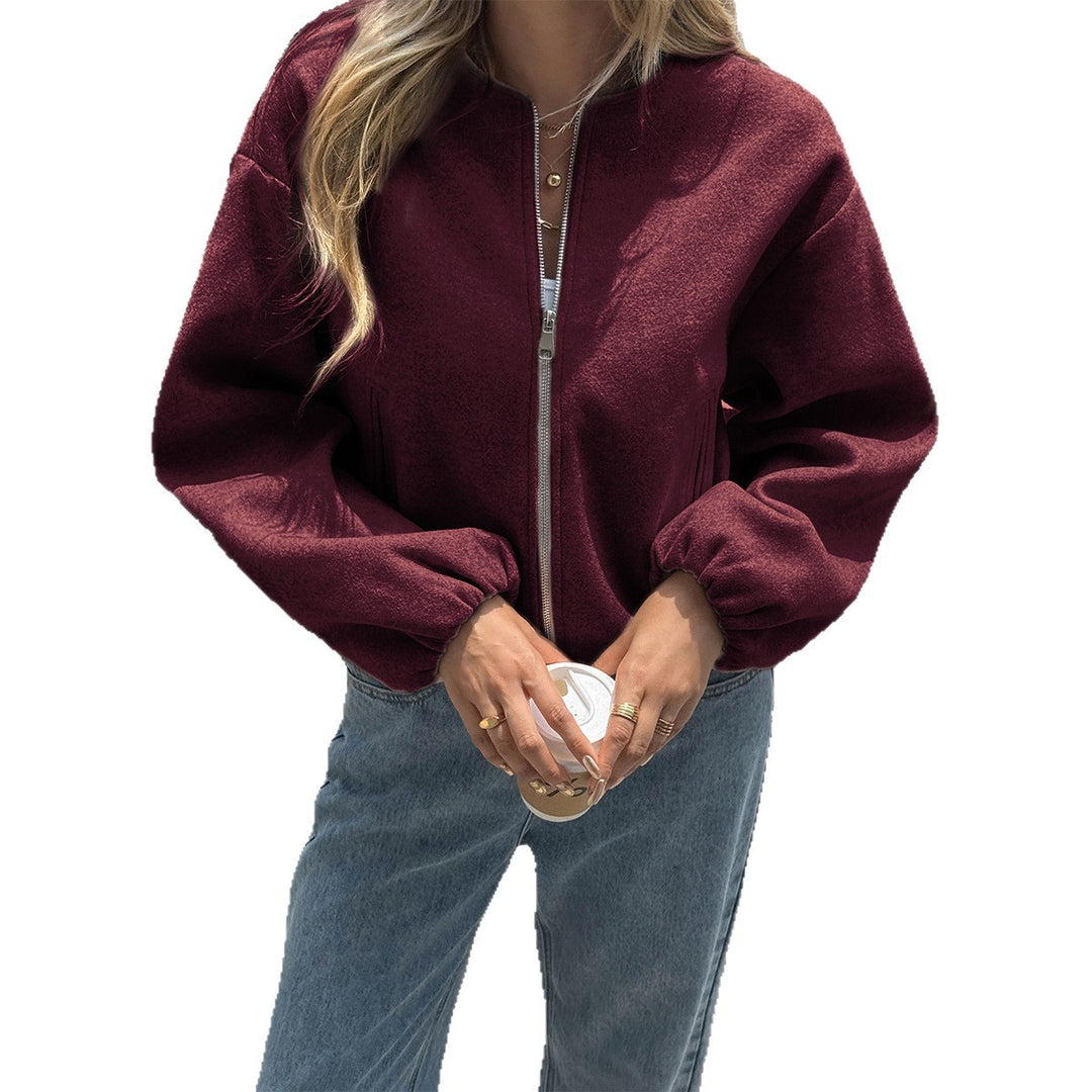Women's short cozy bomber jacket with continuous zipper, elastic hem, and concealed pockets Mune Fashion