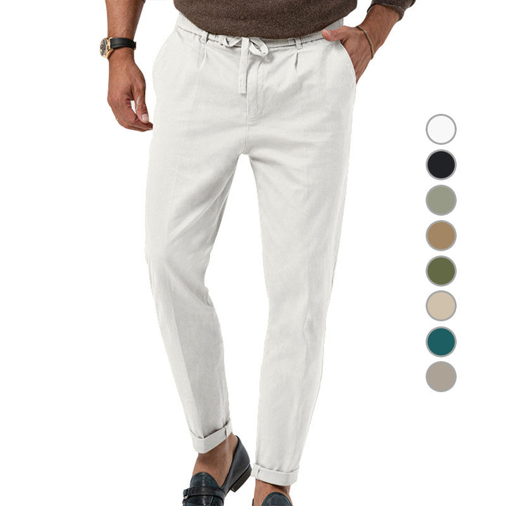 Men's Tapered Linen-Cotton Pants with Elastic Waistband, Drawstring and Cuffs Mune Fashion