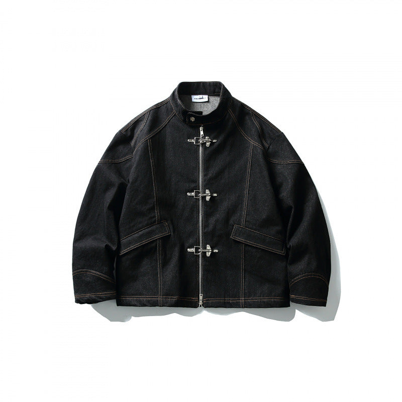 Men's Short Canvas Jacket with Distinctive Metal Toggle Fasteners and Contrast Seams Mune Fashion