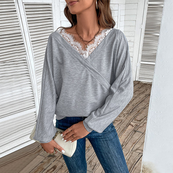 Women's Casual Oversized Sweatshirt with Wrap Look and Lace Insert Mune Fashion
