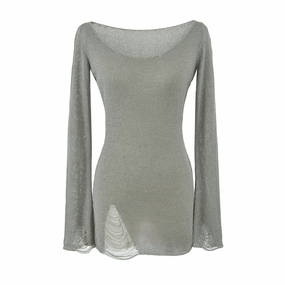 Women's fine knit tunic with bateau neckline, figure-hugging and bell sleeves Mune Fashion