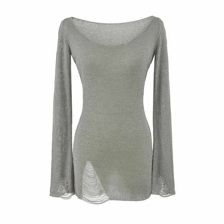 Women's fine knit tunic with bateau neckline, figure-hugging and bell sleeves Mune Fashion