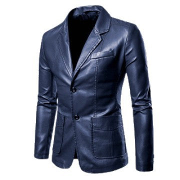 Men's Elegant Slim-Fit Faux Leather Blazer with Notched Lapel, Two-Button Placket & Flap Pockets Mune Fashion