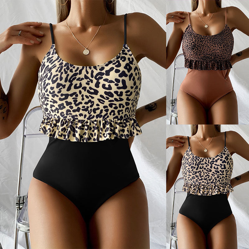 Women One-Piece Swimsuit with Stylish Ruffle Design and Fashionable Leopard Print Mune Fashion