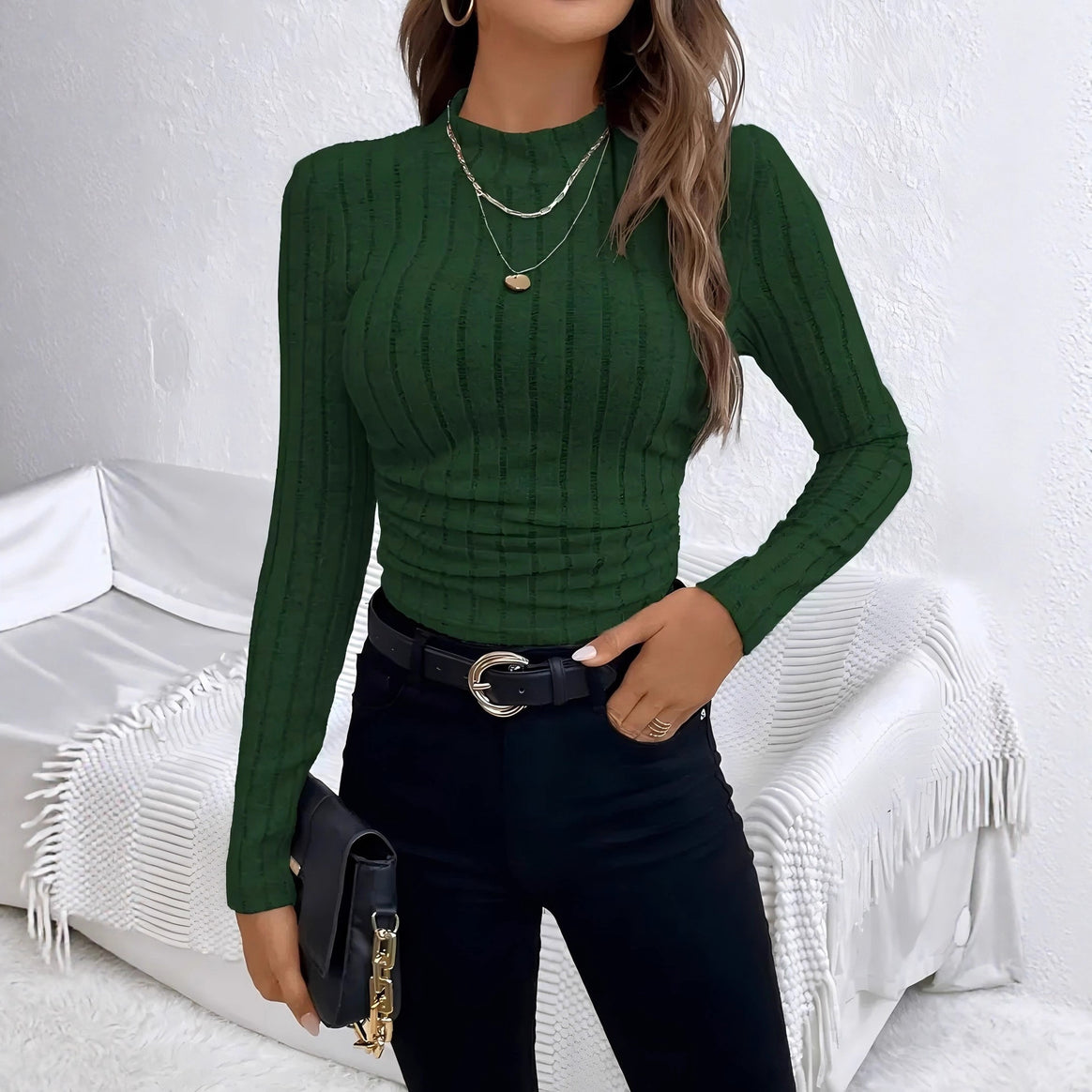 Ladies fitted ribbed long-sleeved shirt with stand-up collar and structure stripes Mune Fashion
