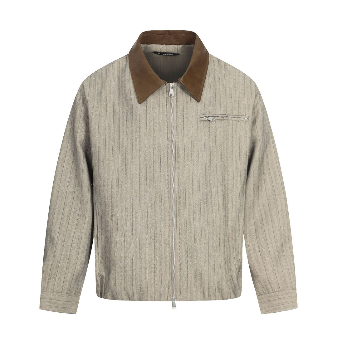 Men's Short Boxy Blouson Jacket in Linen Look with Leather Collar Mune Fashion