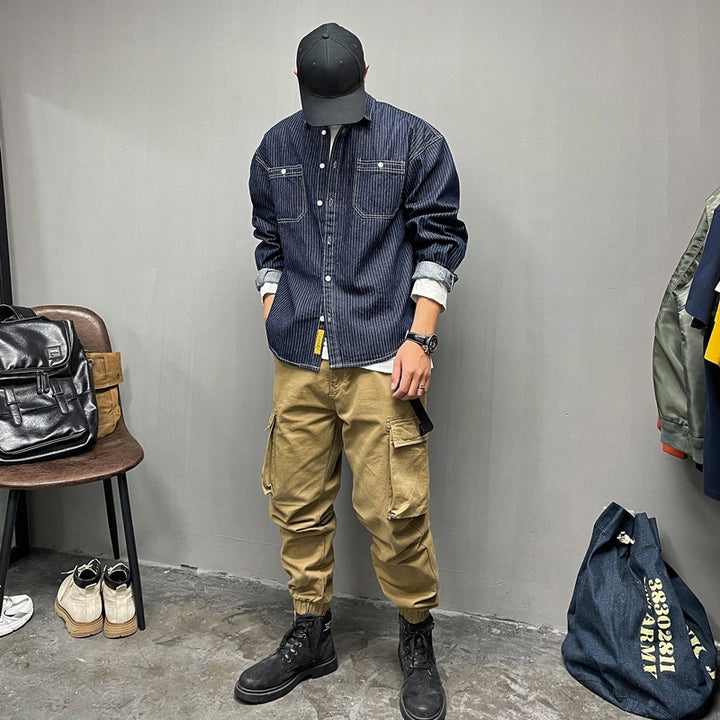 Men's Casual Denim Shirt Jacket with Stripes Mune Fashion