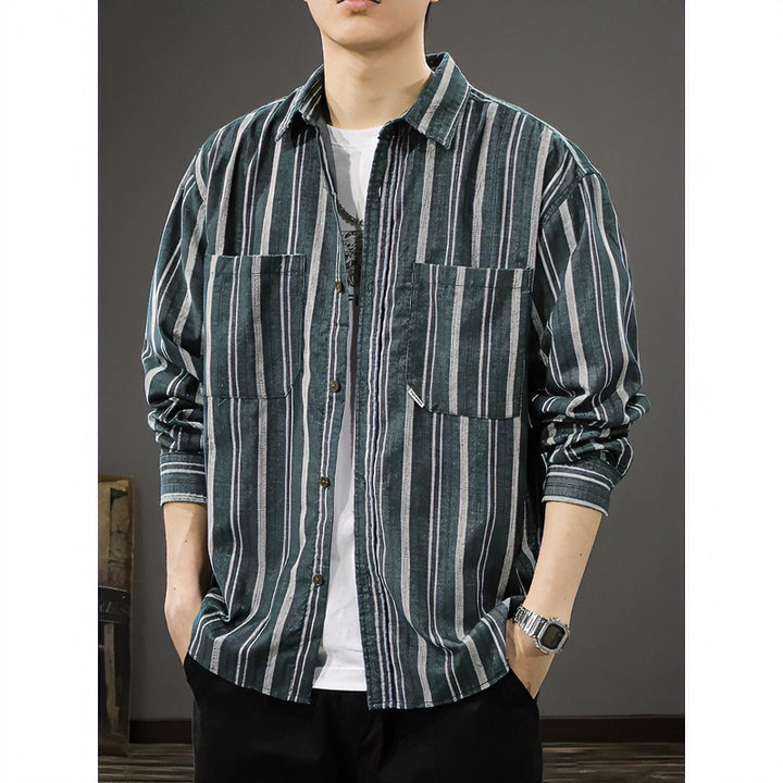 Men's Oversized Wide Corduroy Shirt Jacket with Vertical Stripe Texture and Patch Chest Pockets Mune Fashion