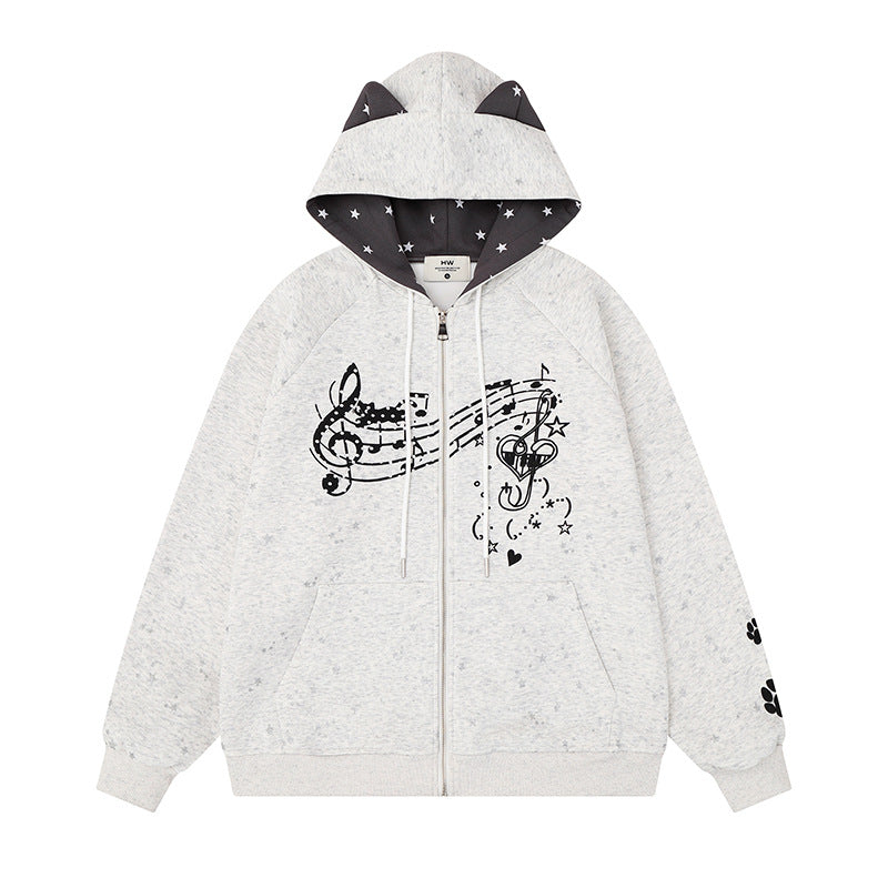 Women's zip hoodie with music print, 3D ear hood and paw appliqué Mune Fashion