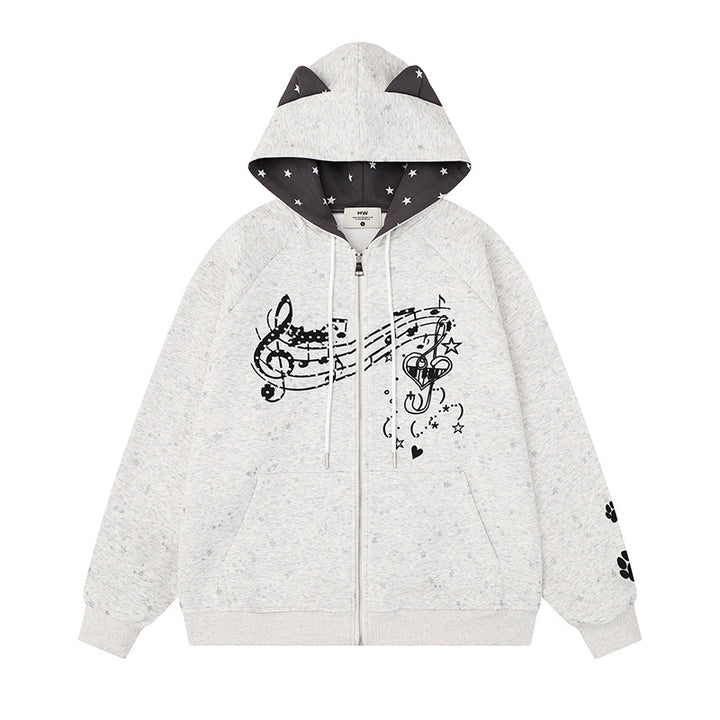 Women's zip hoodie with music print, 3D ear hood and paw appliqué Mune Fashion